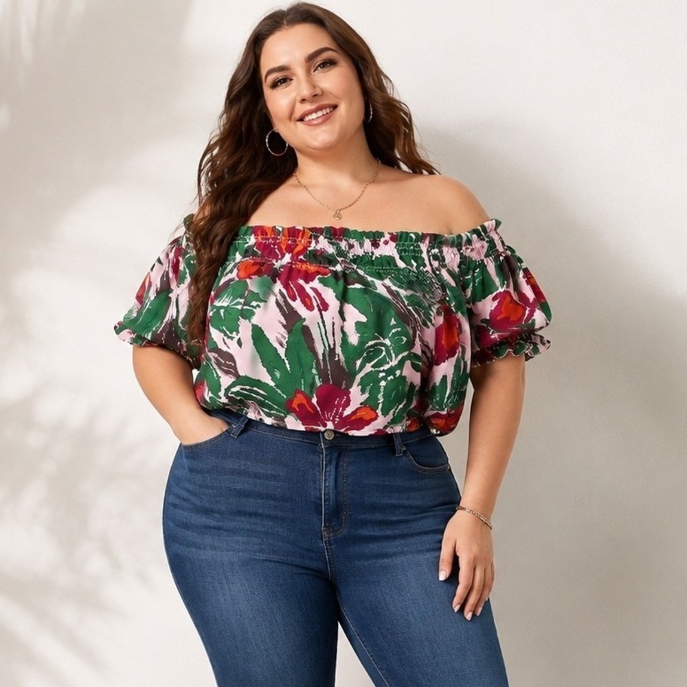 ASOS Tropical Floral Off Shoulder Crop Top Pink Green Puff Sleeve NWOT Size 16